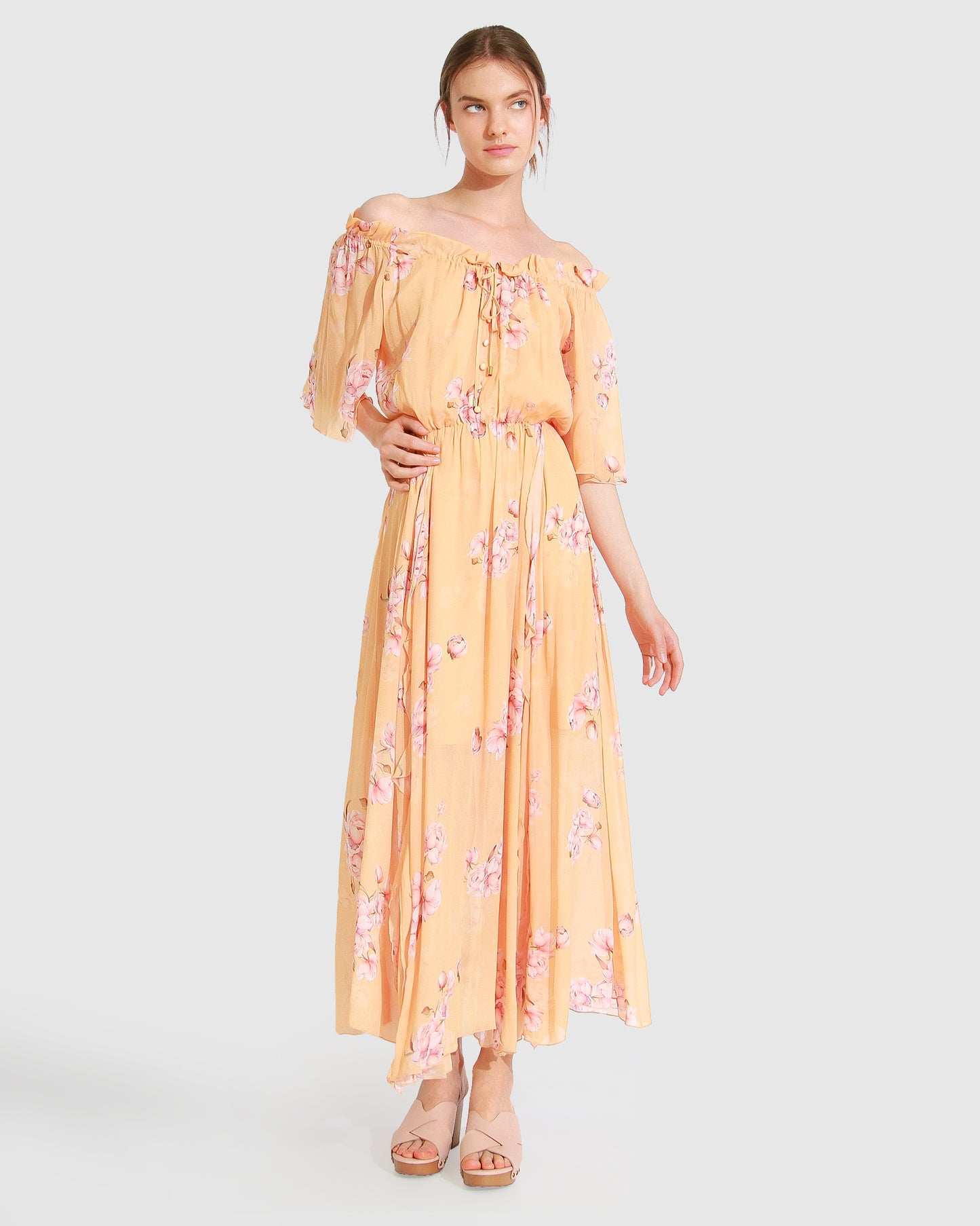 Amour Amour Ruffled Midi Dress - Peach Peonies