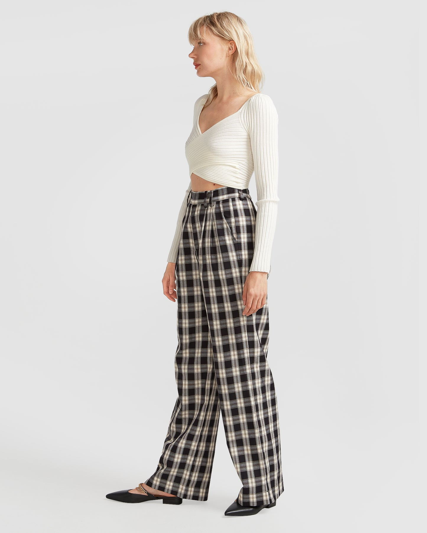 Dominoes Wide Leg Check Pant - Black Check