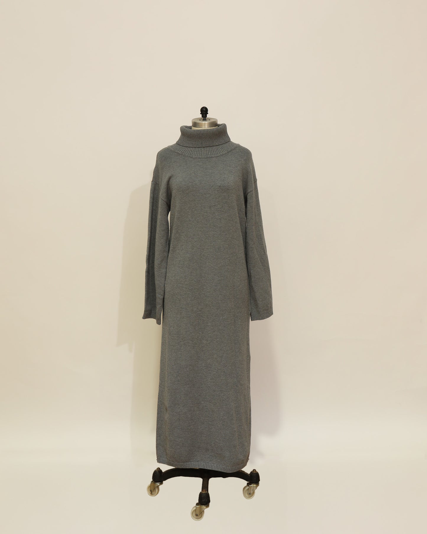 Roll Neck Knitted Long Sleeve Maxi Dress - Grey