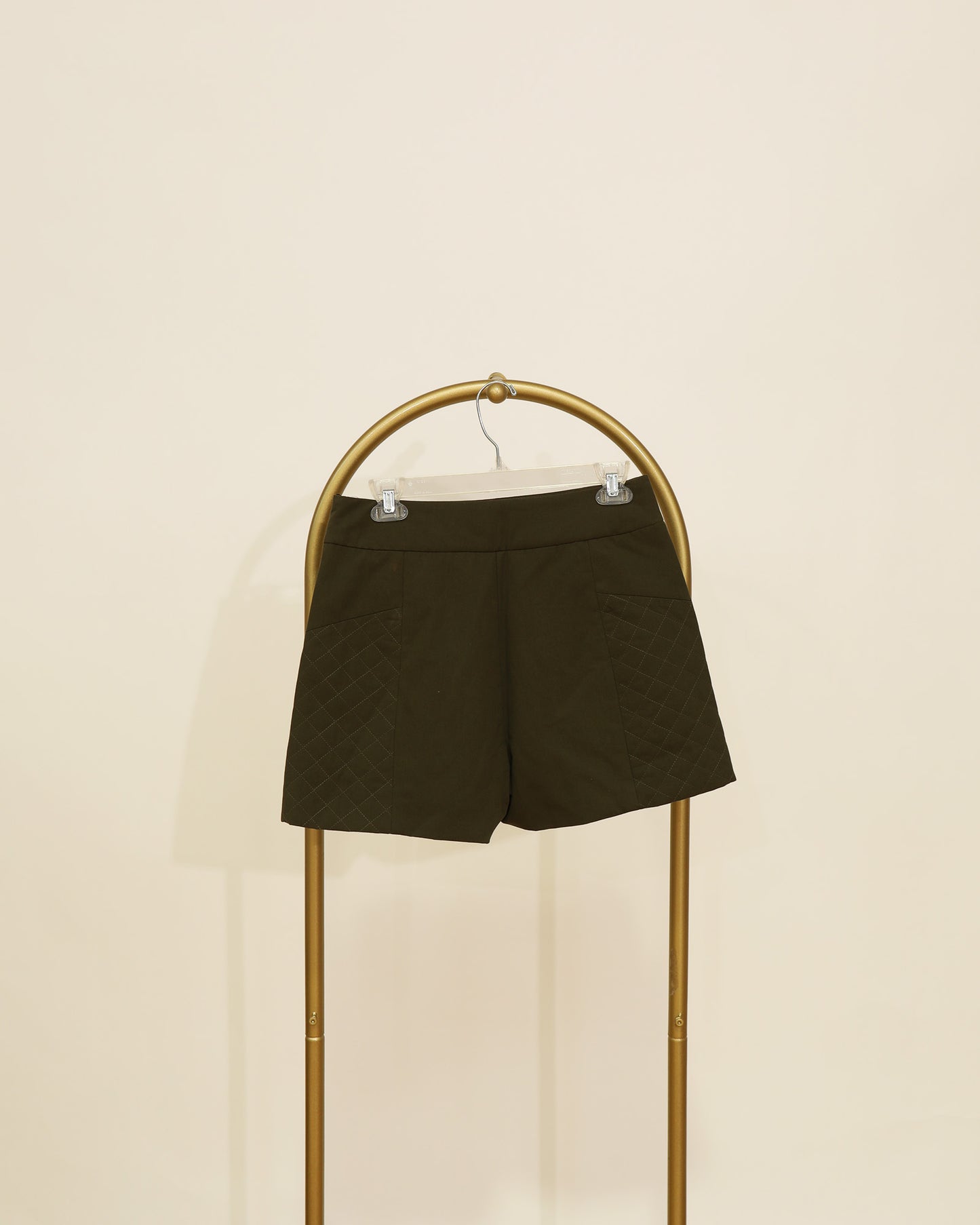 High-Waisted Shorts with Quilted Panel - Dark Green