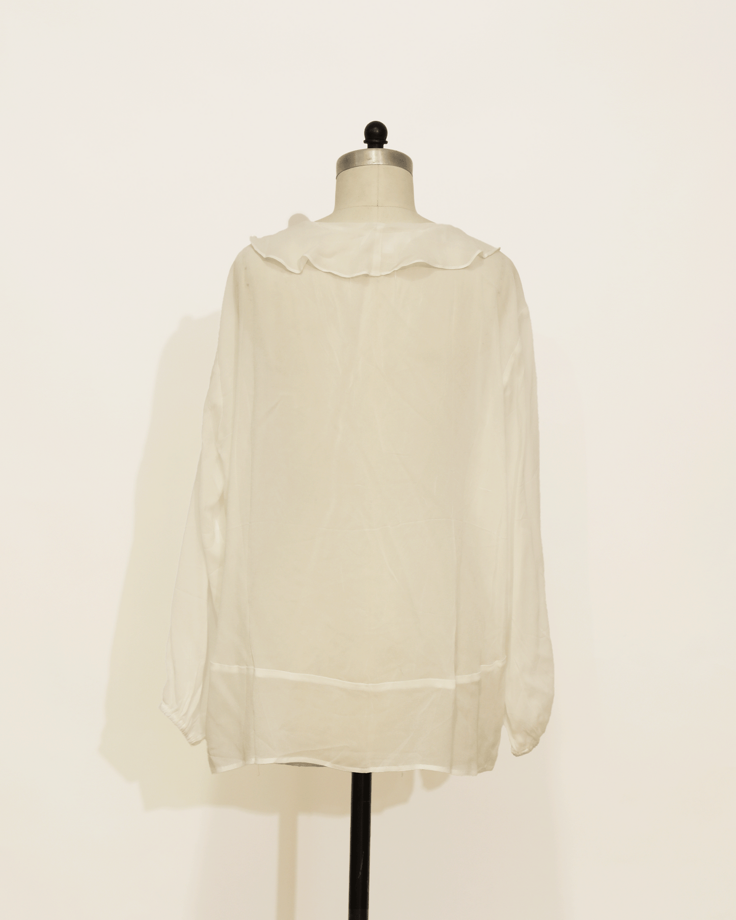 Long Sleeve Sheer Blouse with Ruffle Detail - White