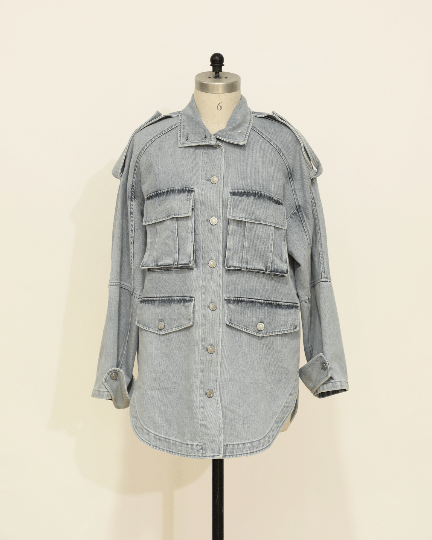 Oversized Denim Shirt with Pocket Detail - Stonewash