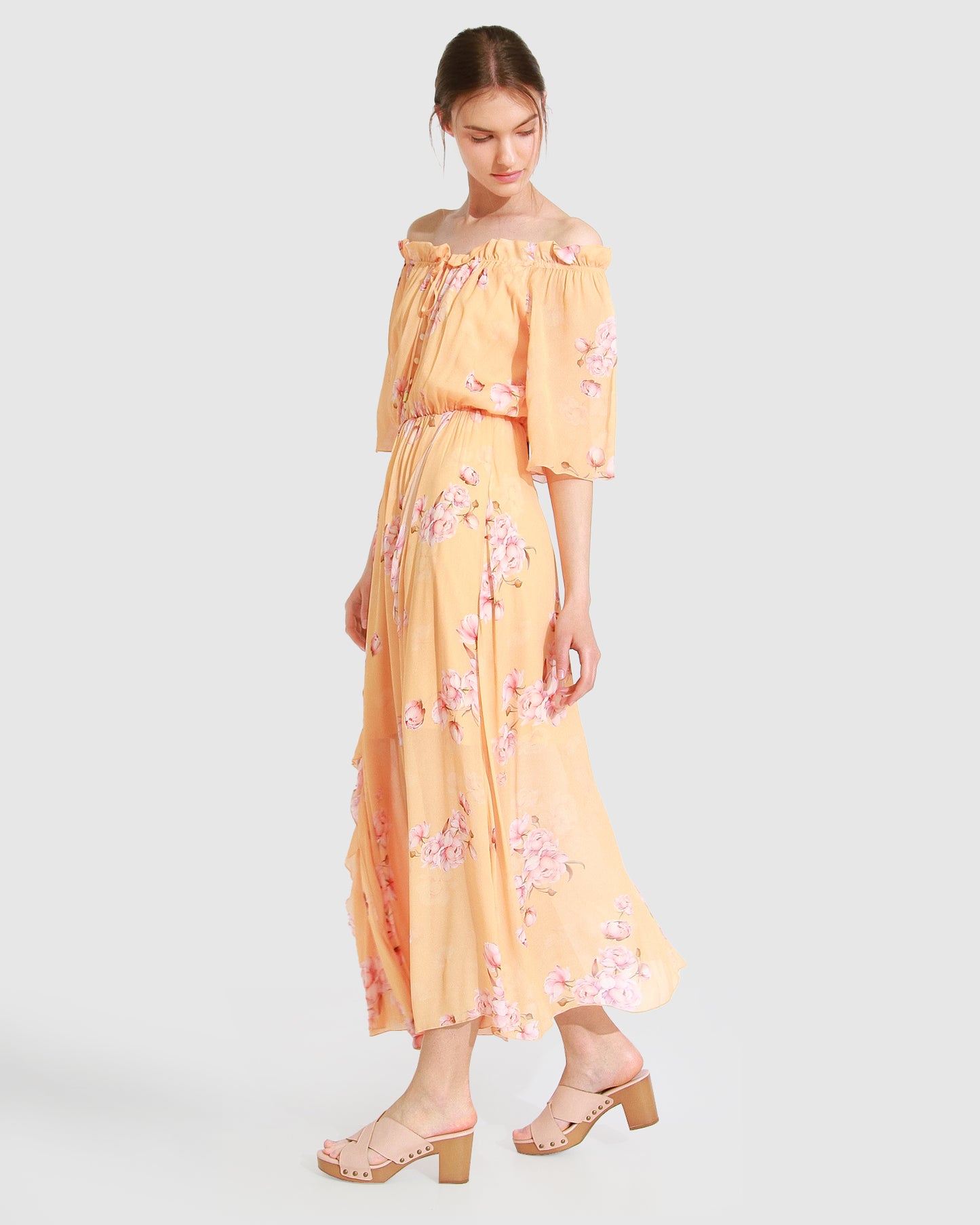 Amour Amour Ruffled Midi Dress - Peach Peonies