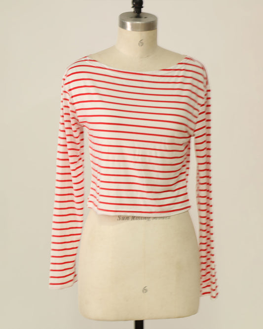 Long Sleeve Striped Top - White and Red