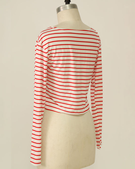 Long Sleeve Striped Top - White and Red