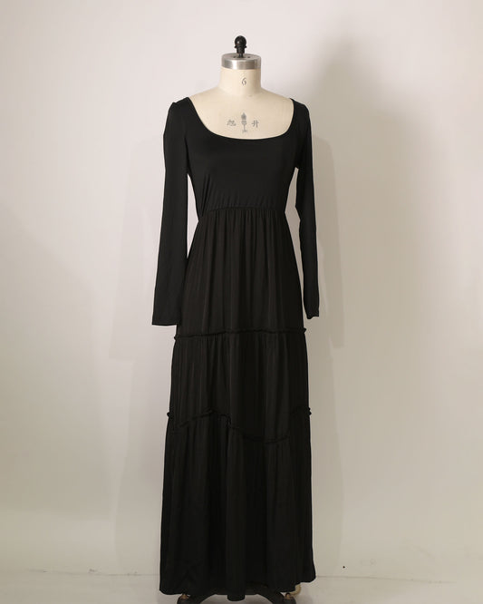 Long Sleeve Round Neck Tiered Maxi - Black