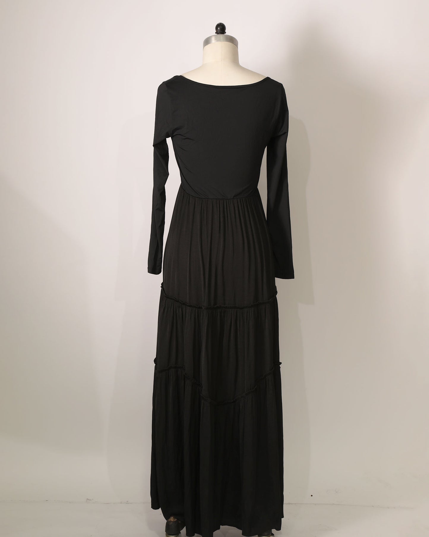 Long Sleeve Round Neck Tiered Maxi - Black