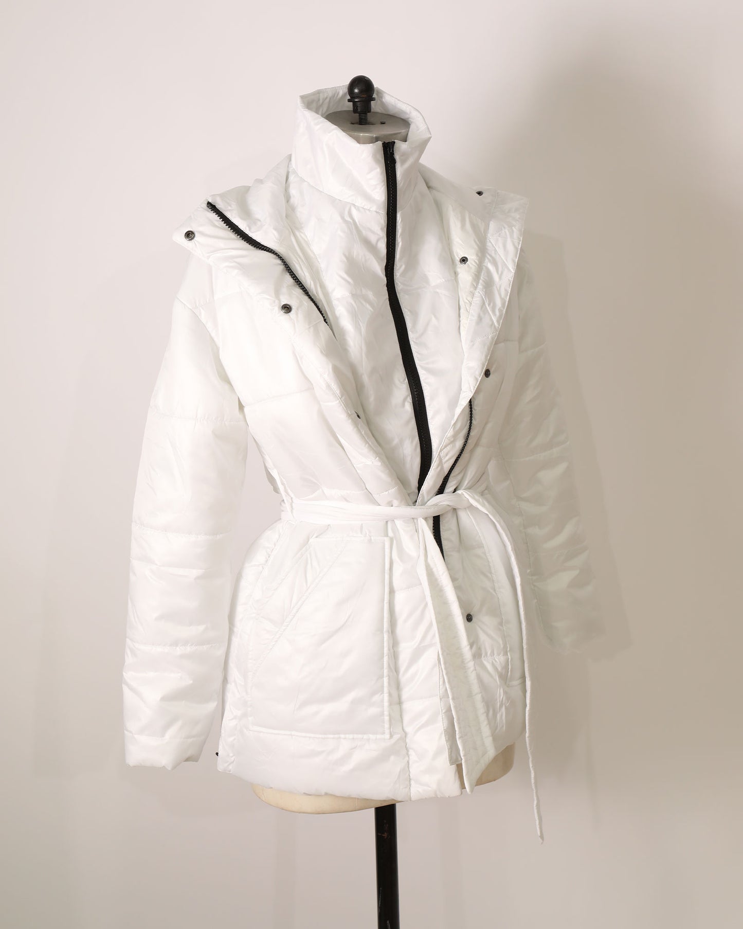 Puffer Jacket with Tie Waist Detailing  - White