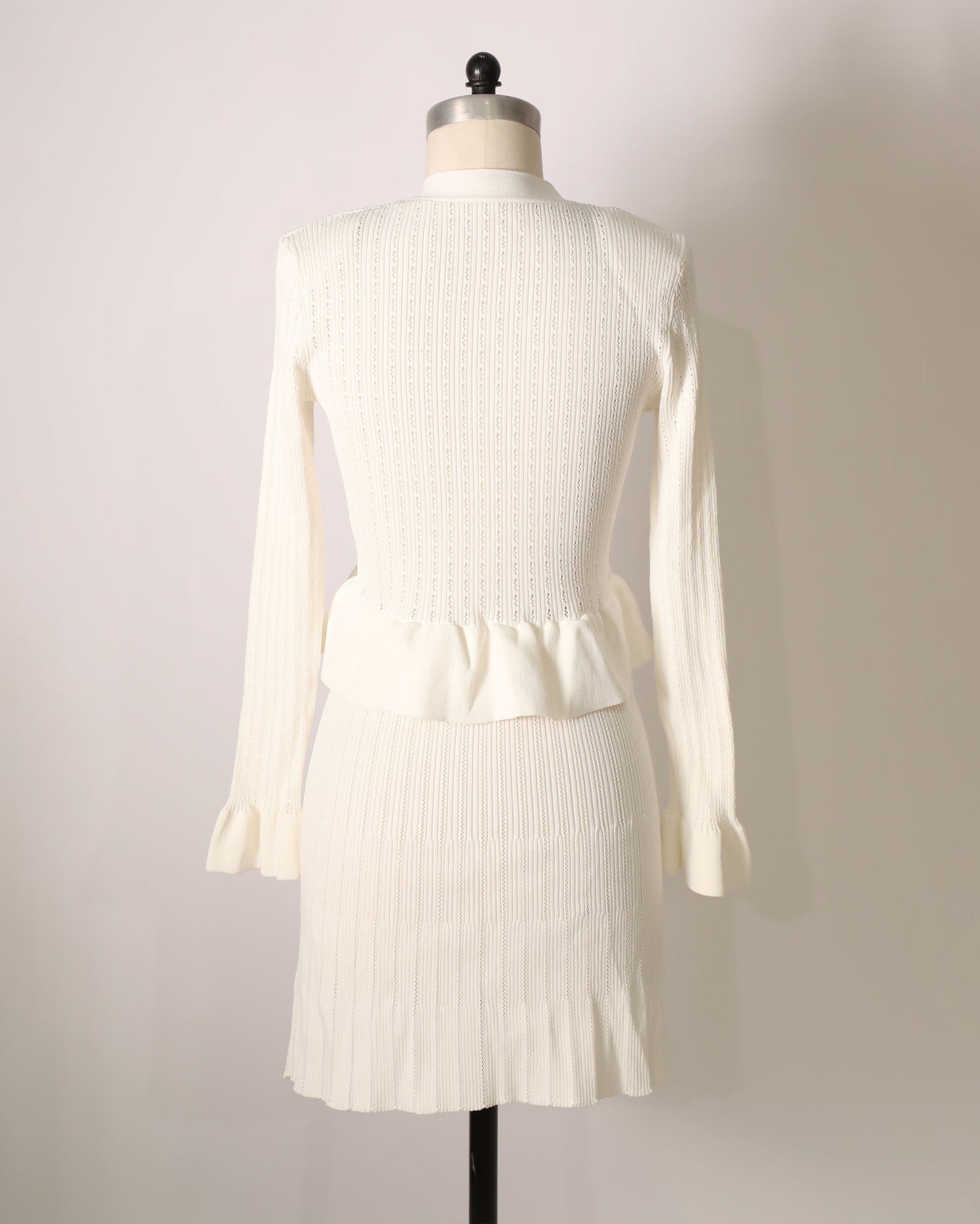 Button-Down V-Neck Dress with Frill Waist - White