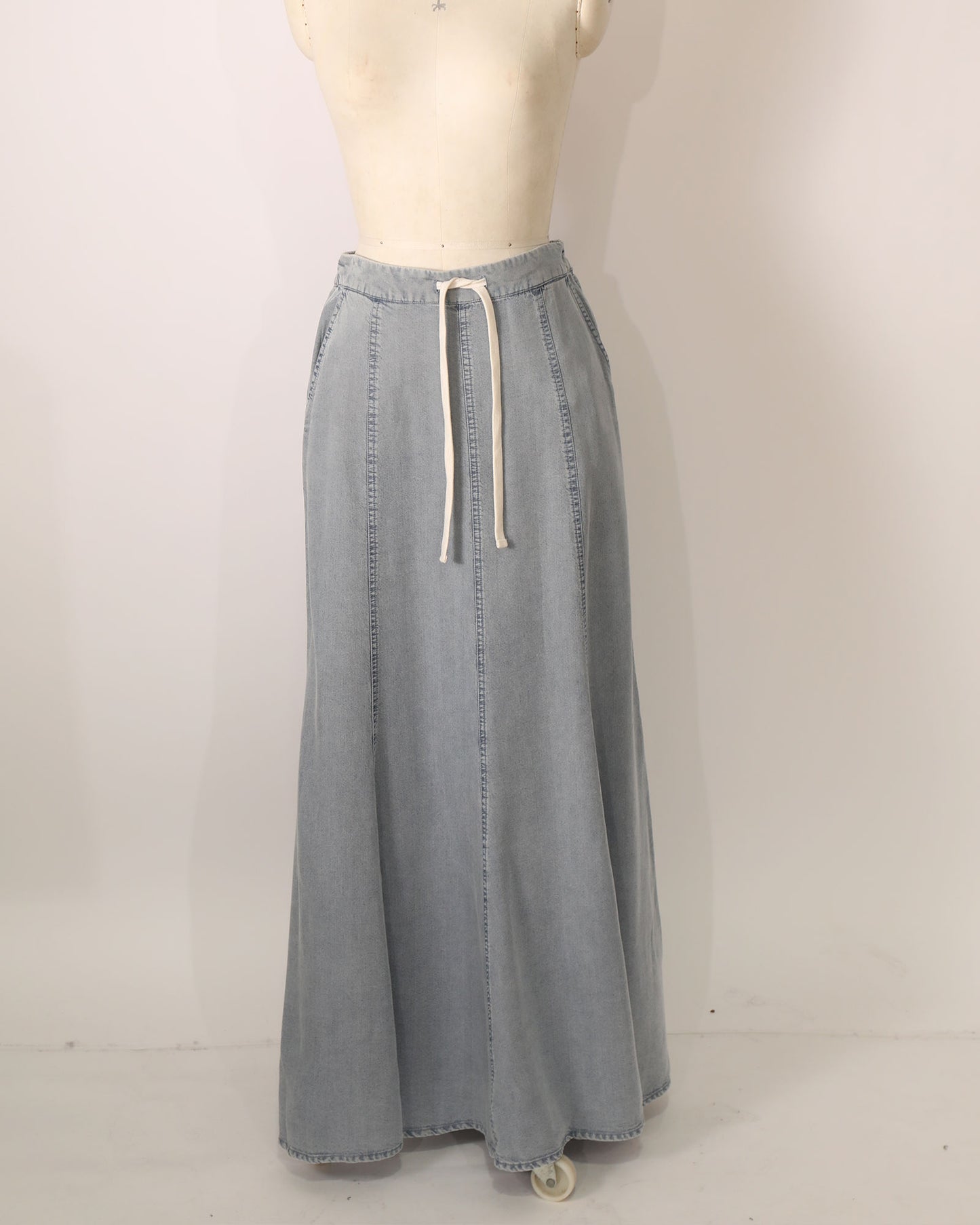 Drawstring Denim Maxi Skirt - Stonewash