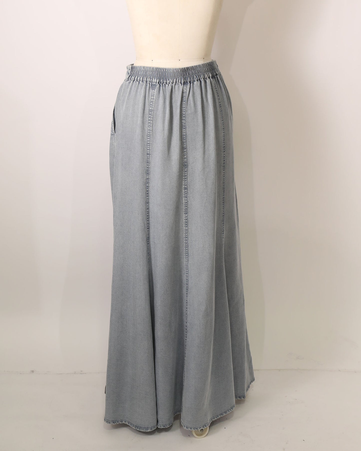 Drawstring Denim Maxi Skirt - Stonewash