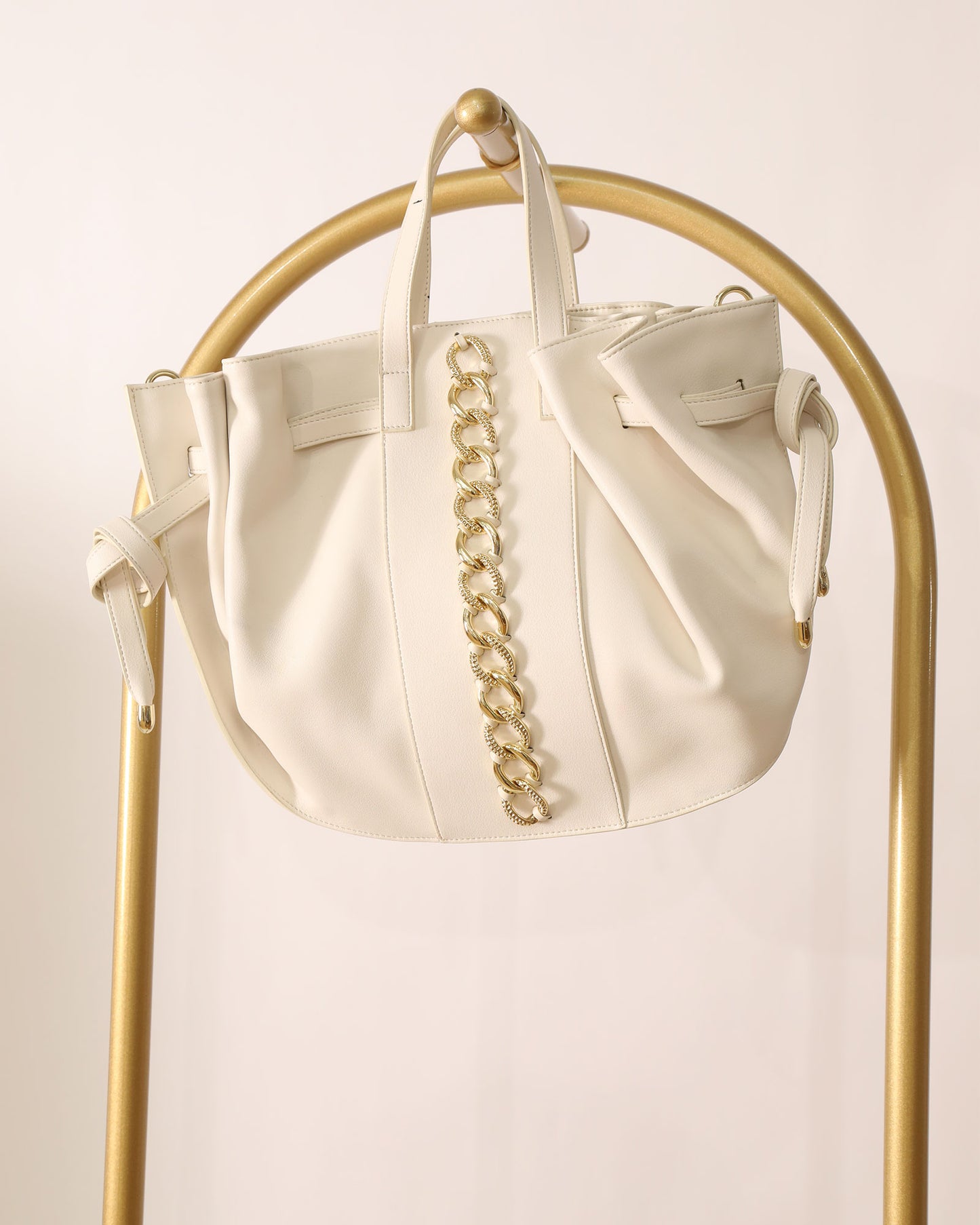 Leather Bag with Gold Chain Detailing - Cream