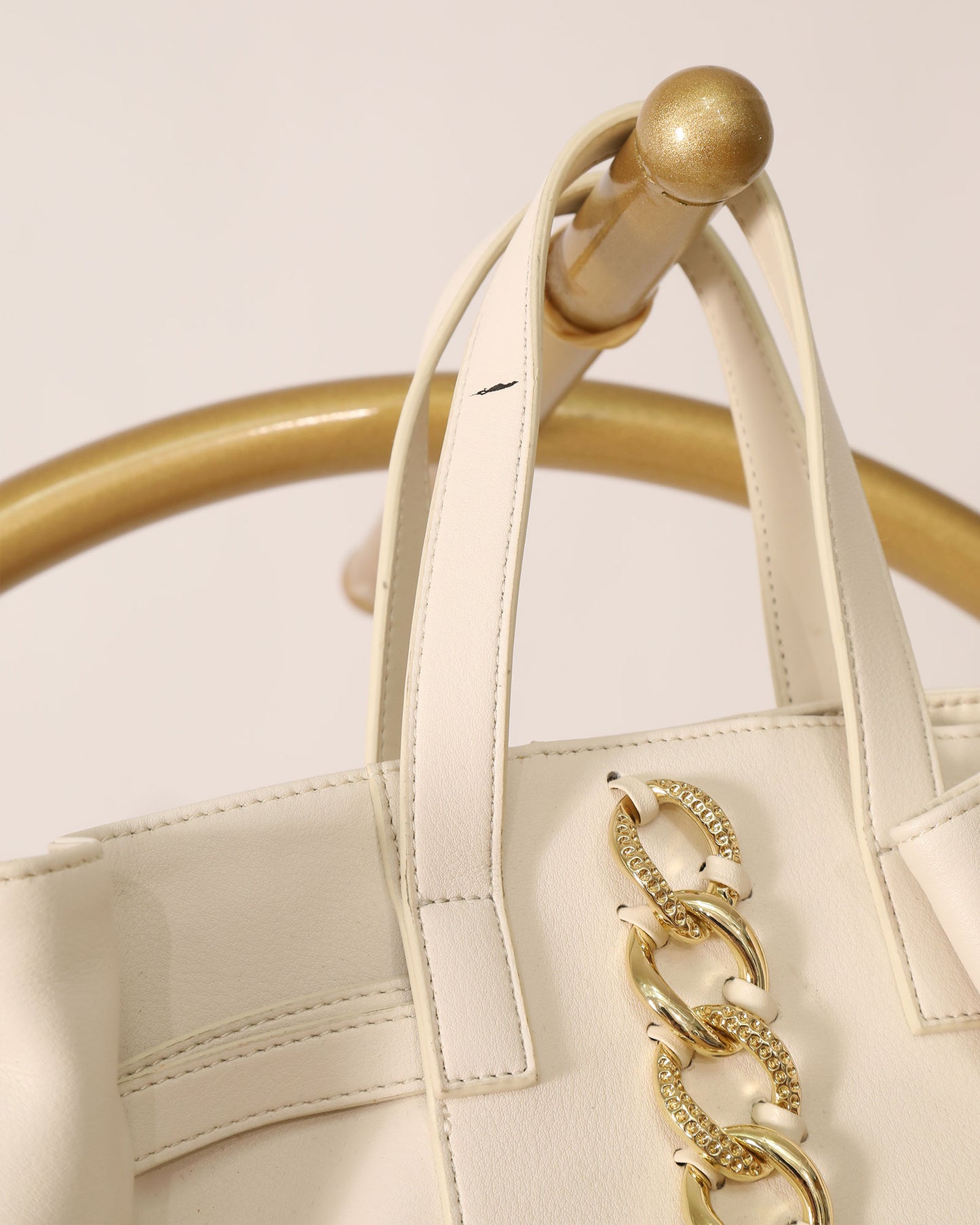 Leather Bag with Gold Chain Detailing - Cream