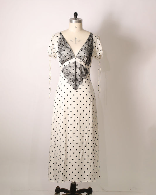 Polka Dot Lace Panel Maxi Dress - White/Black