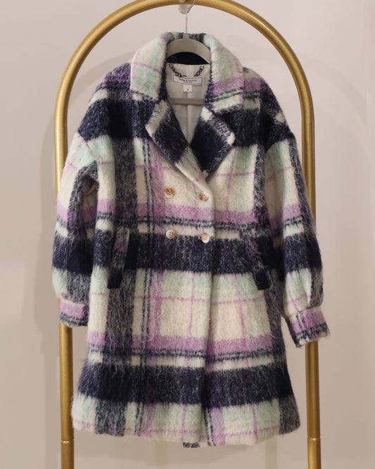 Girls Plaid Longline Coat - Purple