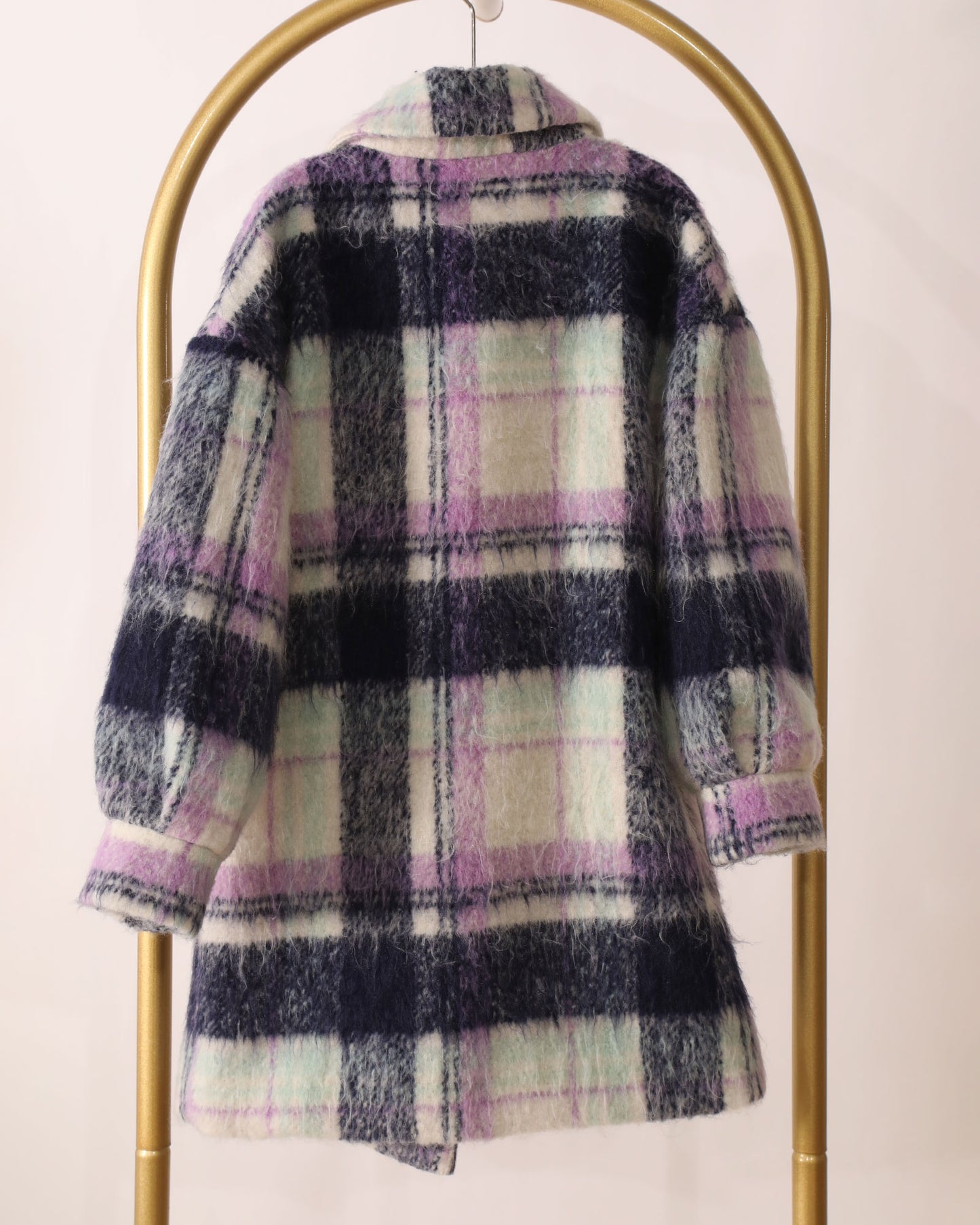 Girls Plaid Longline Coat - Purple