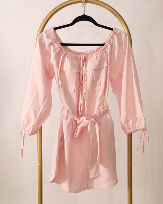 Linen Playsuit with Tie-Waist Detailing - Pink