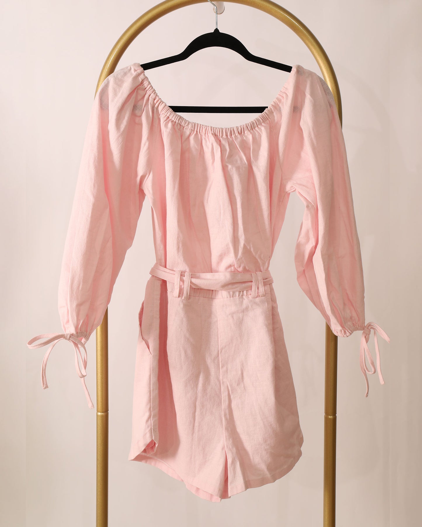 Linen Playsuit with Tie-Waist Detailing - Pink