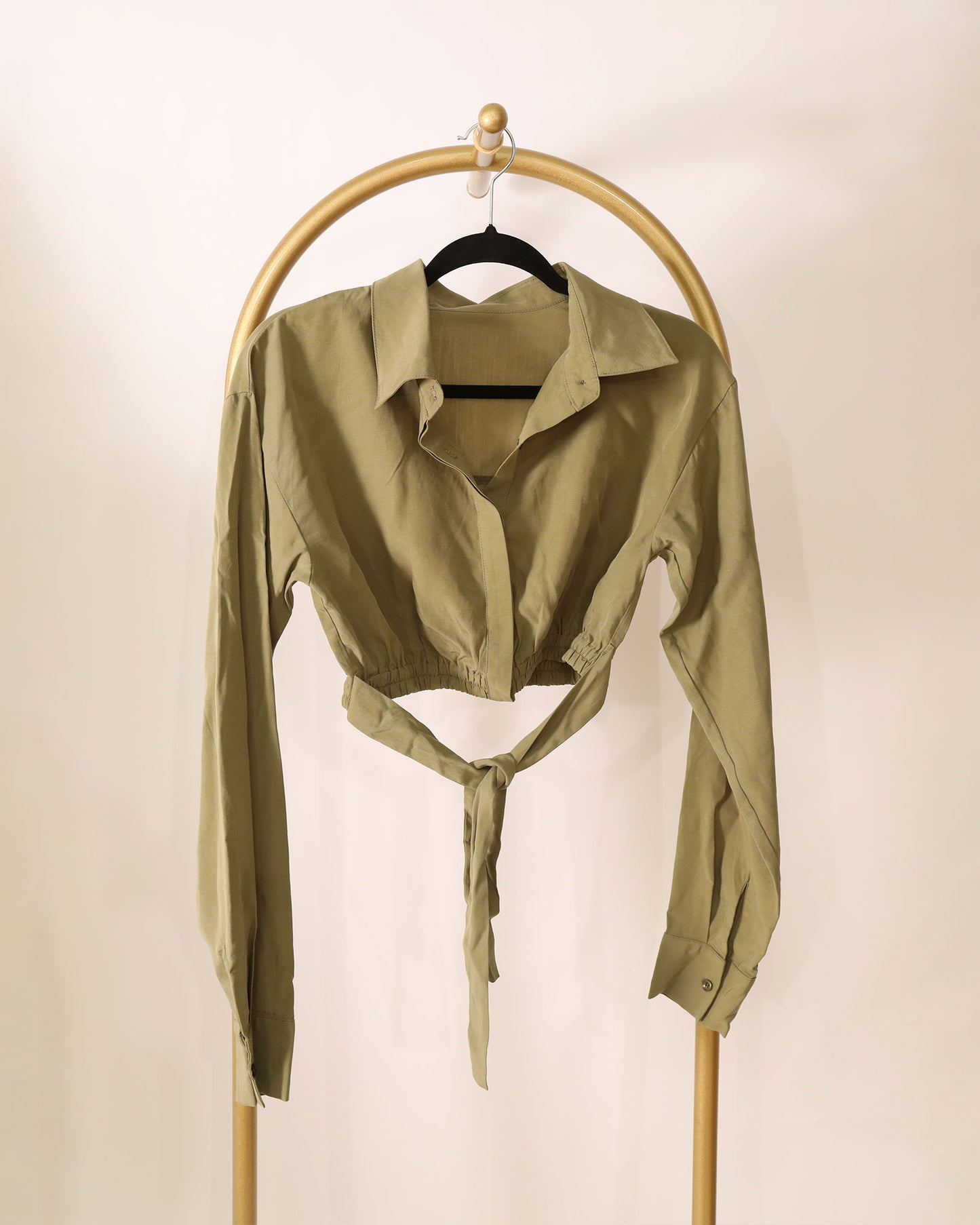 Long Sleeve Cropped Shirt with Waist Tie - Olive