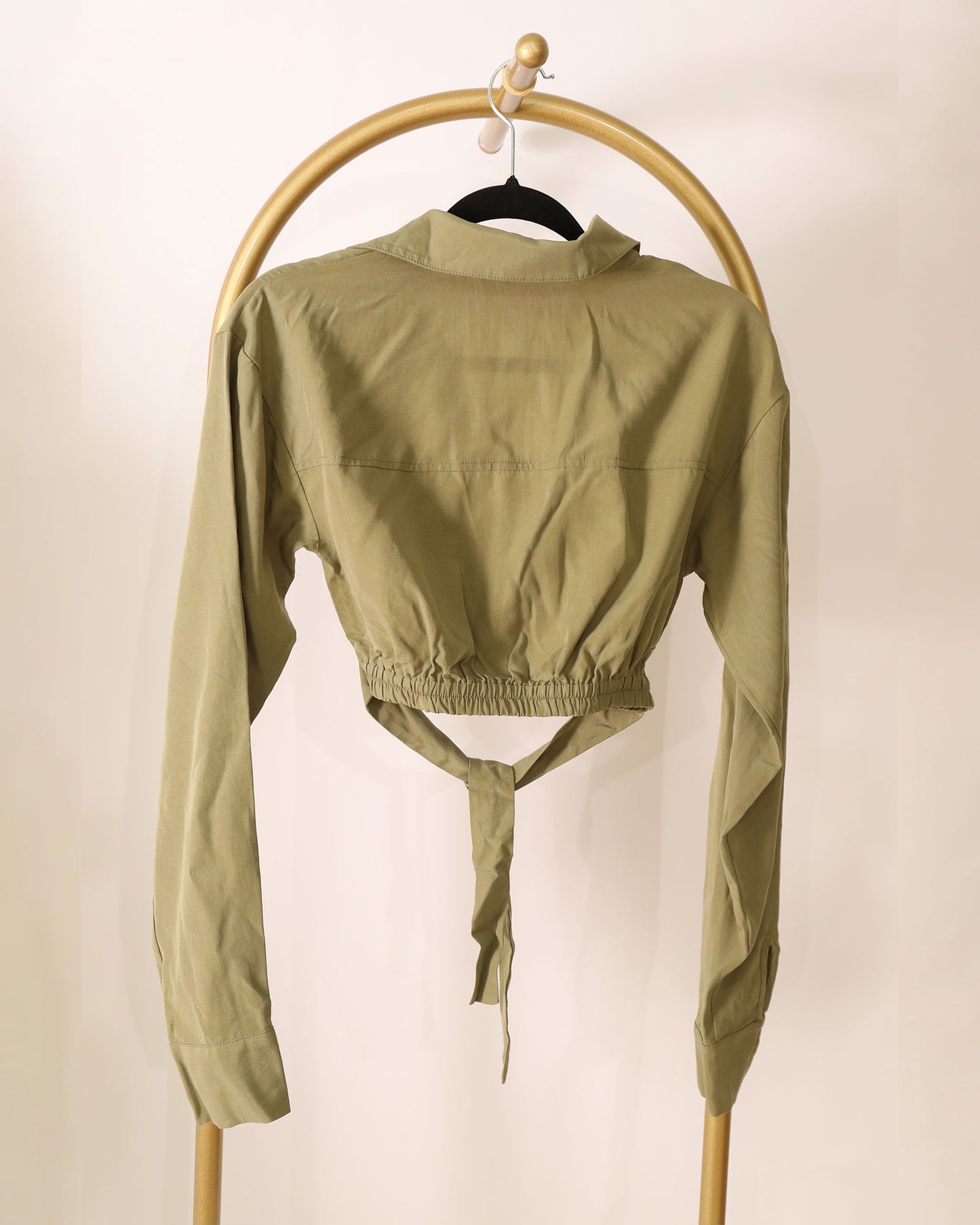 Long Sleeve Cropped Shirt with Waist Tie - Olive