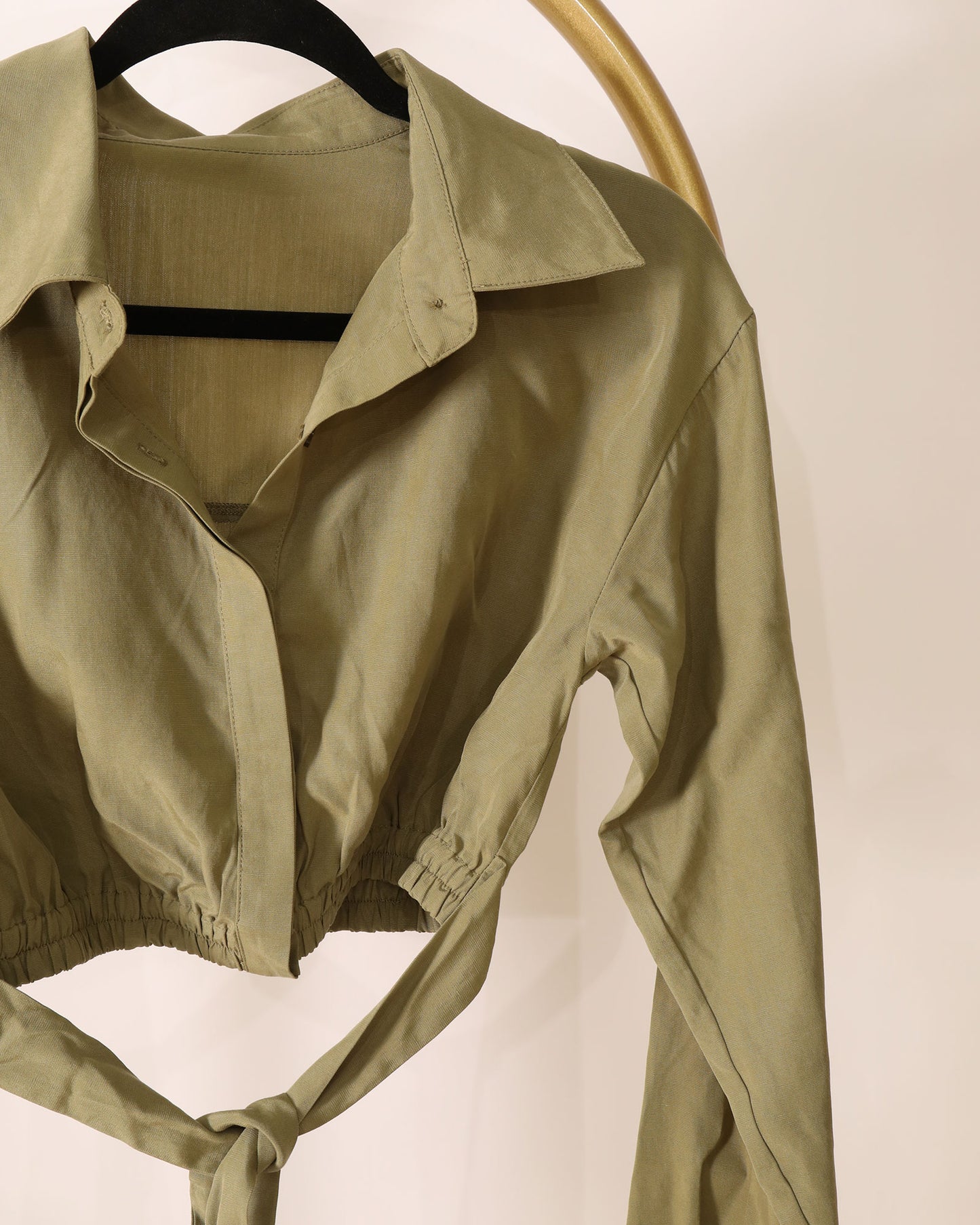 Long Sleeve Cropped Shirt with Waist Tie - Olive