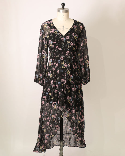 Asymmetrical Hem Long Sleeve Maxi - Black Floral