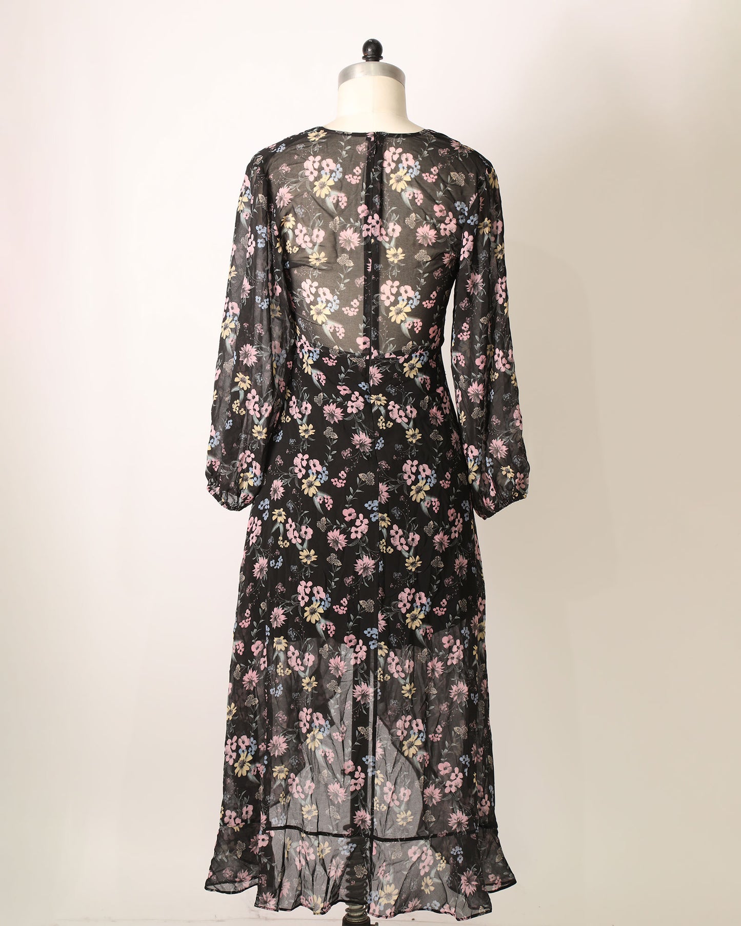 Asymmetrical Hem Long Sleeve Maxi - Black Floral