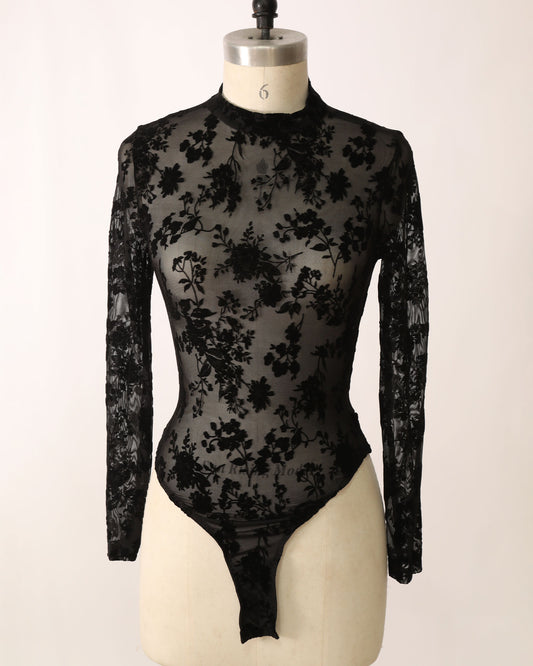 Long Sleeve Mesh Lace Bodysuit - Black