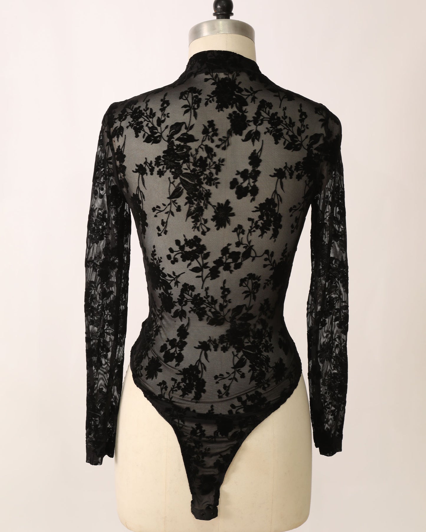 Long Sleeve Mesh Lace Bodysuit - Black