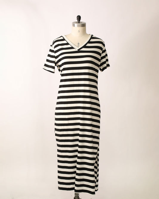 V-Neck Short Sleeve Striped Maxi - Black/White