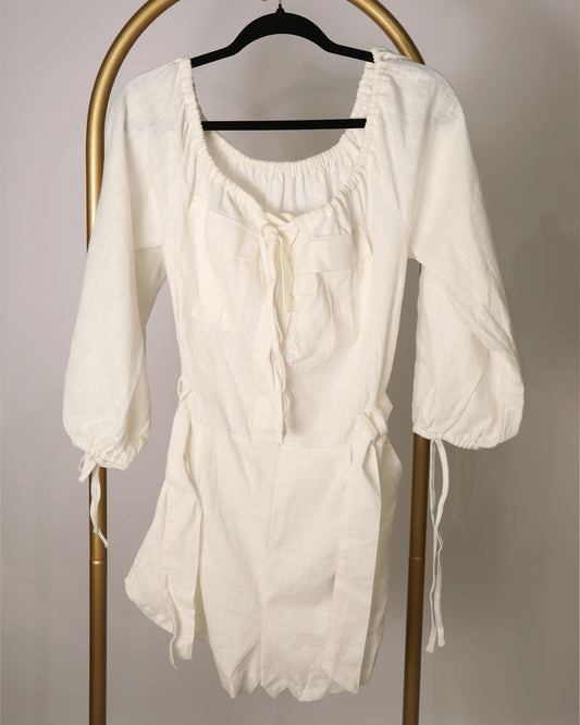 Linen Playsuit with Tie-Waist Detailing - White