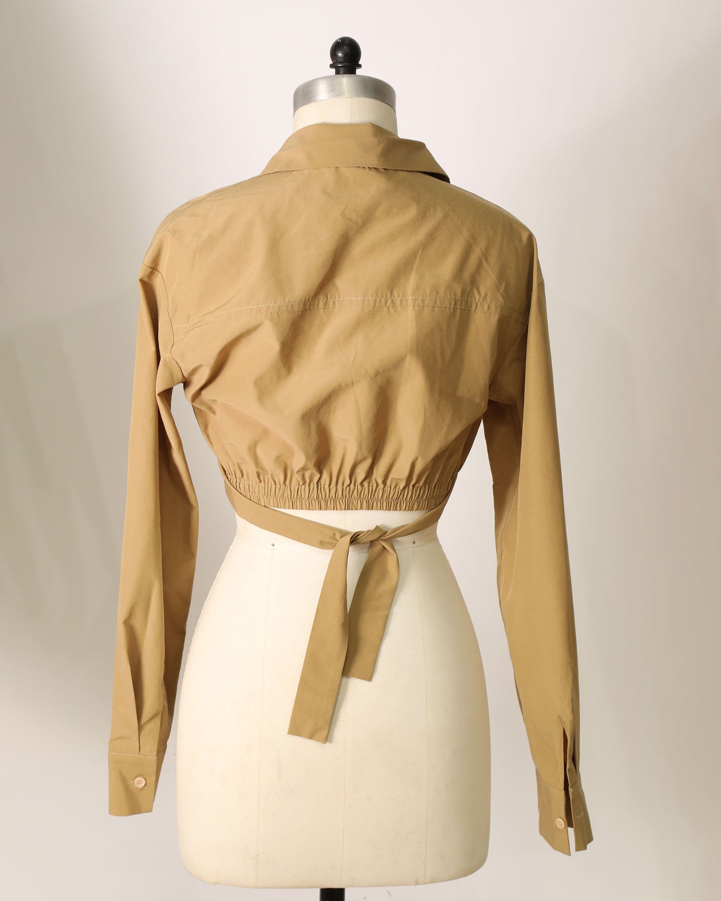 Long Sleeve Cropped Shirt with Waist Tie - Khaki