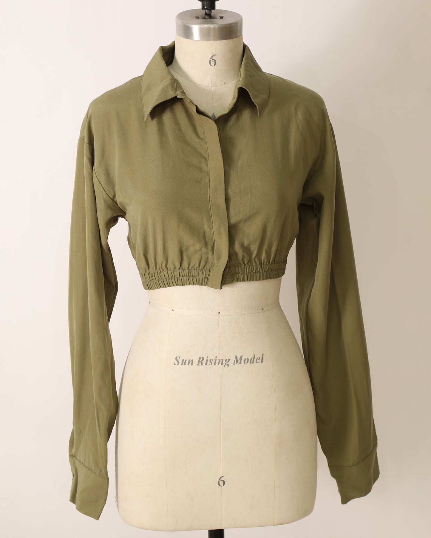 Long Sleeve Cropped Shirt with Waist Tie - Olive