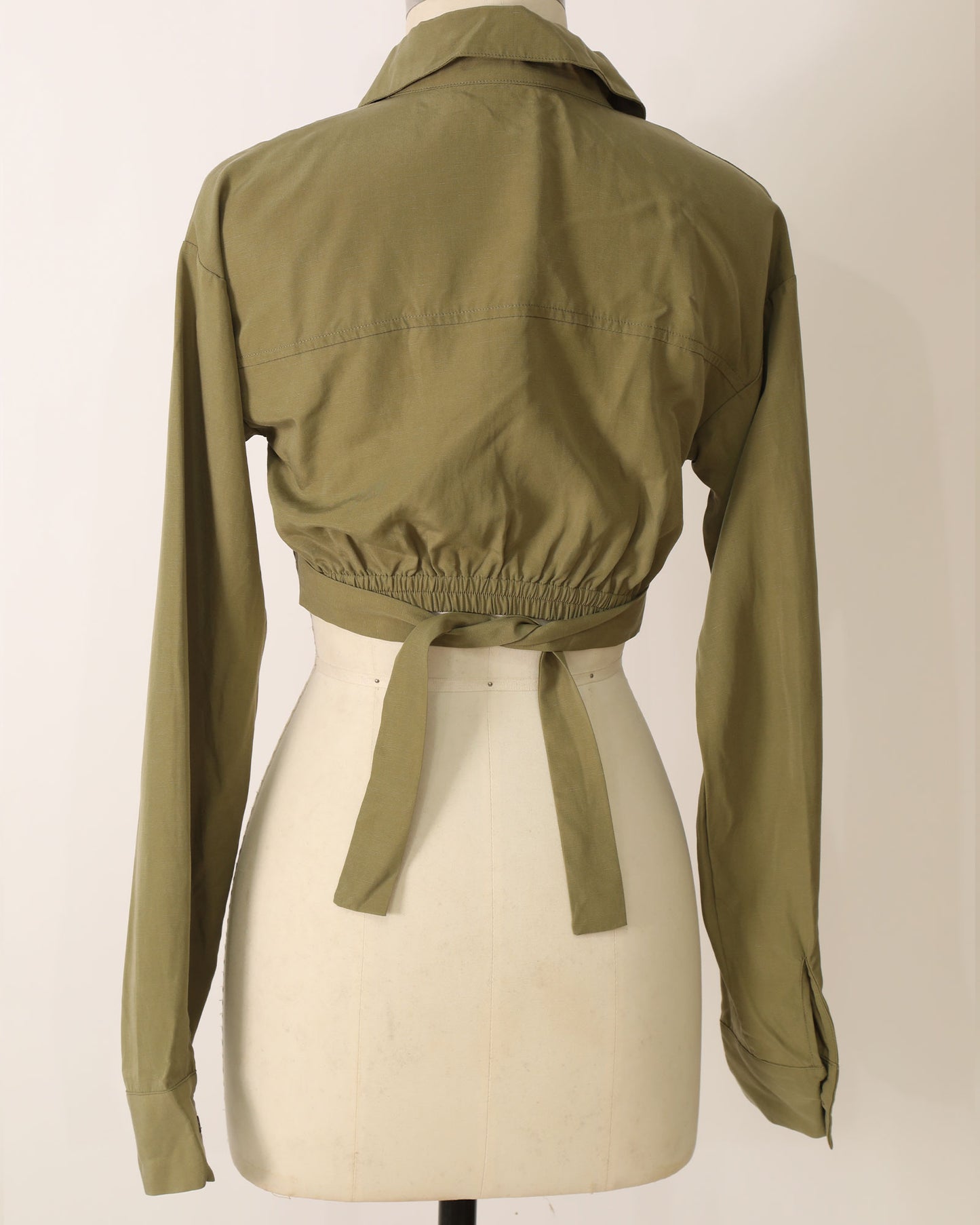 Long Sleeve Cropped Shirt with Waist Tie - Olive