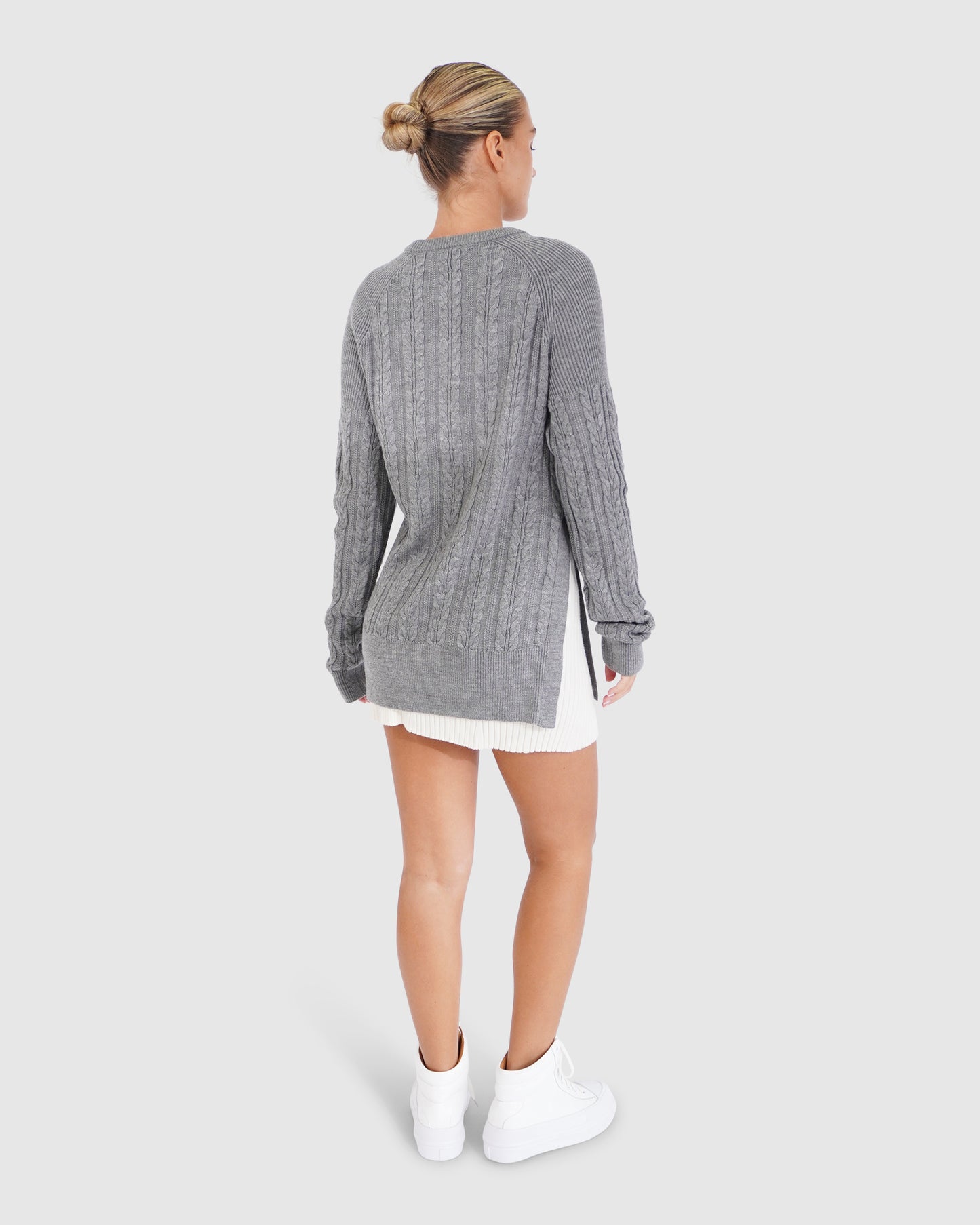 At Last Cable Knit Jumper with Slit - Grey Marle