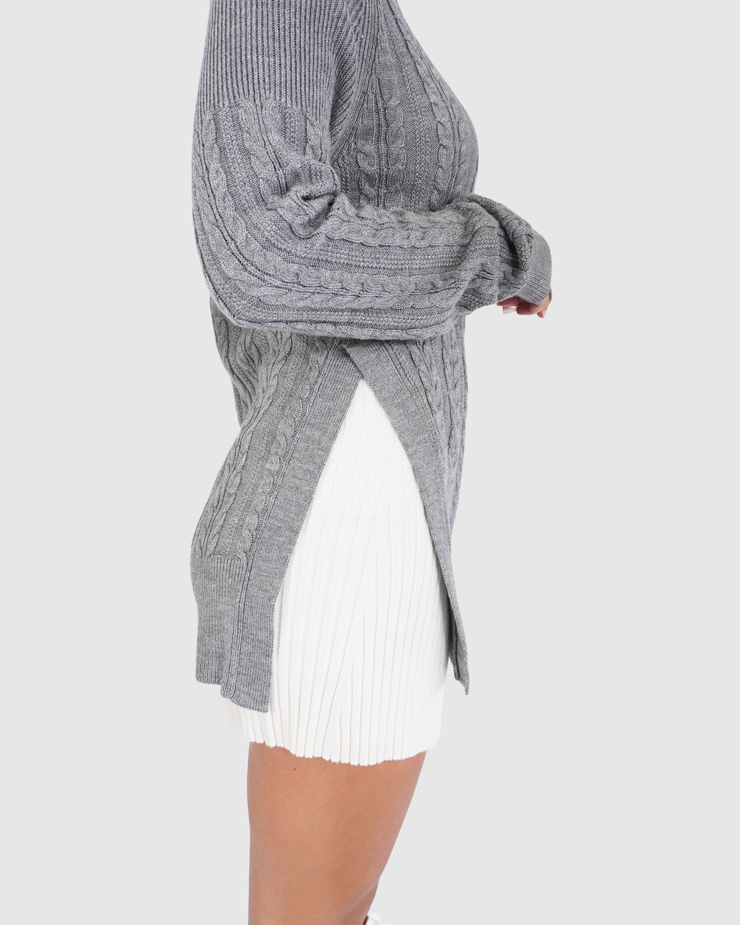 At Last Cable Knit Jumper with Slit - Grey Marle