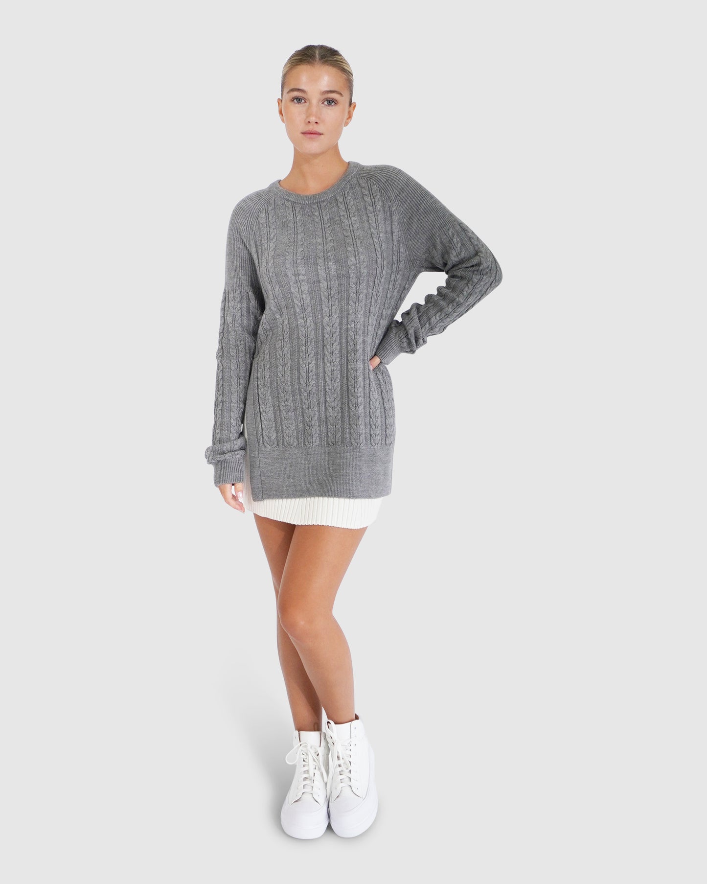 At Last Cable Knit Jumper with Slit - Grey Marle