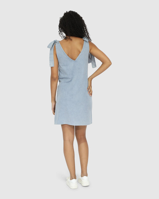 Burning Love Tie Shoulder Mini Dress - Stonewash