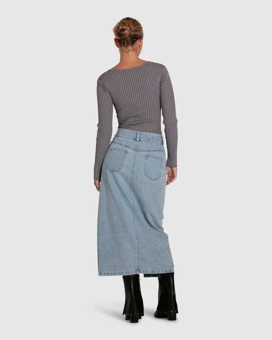 Can't Forget You Denim Midi Skirt - Stonewash