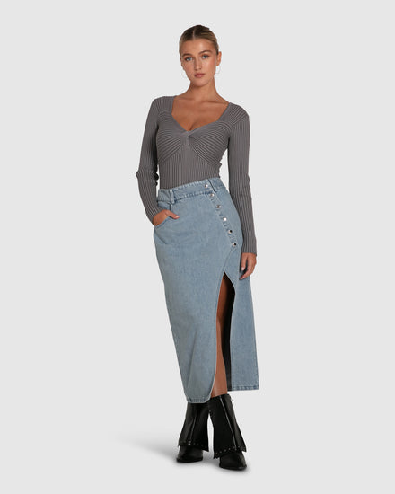 Can't Forget You Denim Midi Skirt - Stonewash