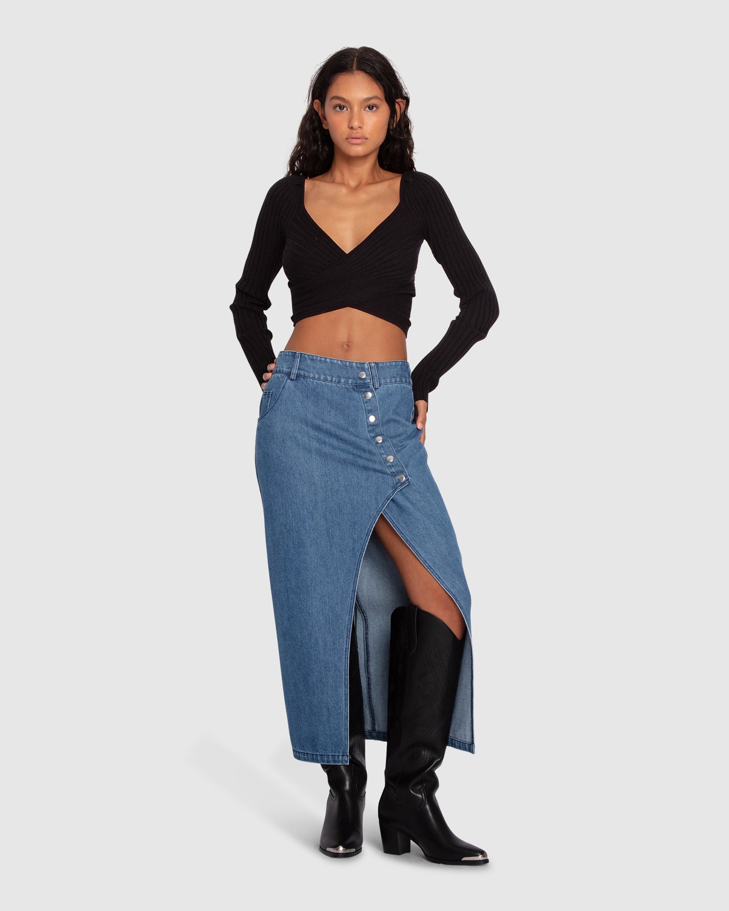 Can't Forget You Denim Midi Skirt - Mid Wash