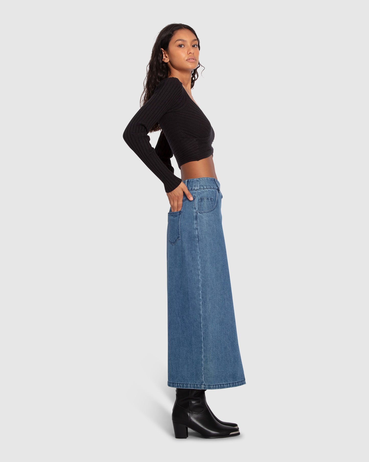 Can't Forget You Denim Midi Skirt - Mid Wash