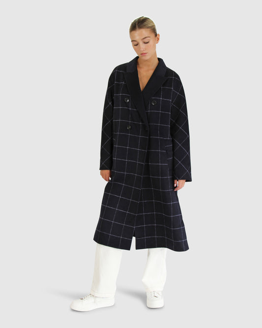 Guestlist Oversized Double Breasted Coat - Navy Plaid