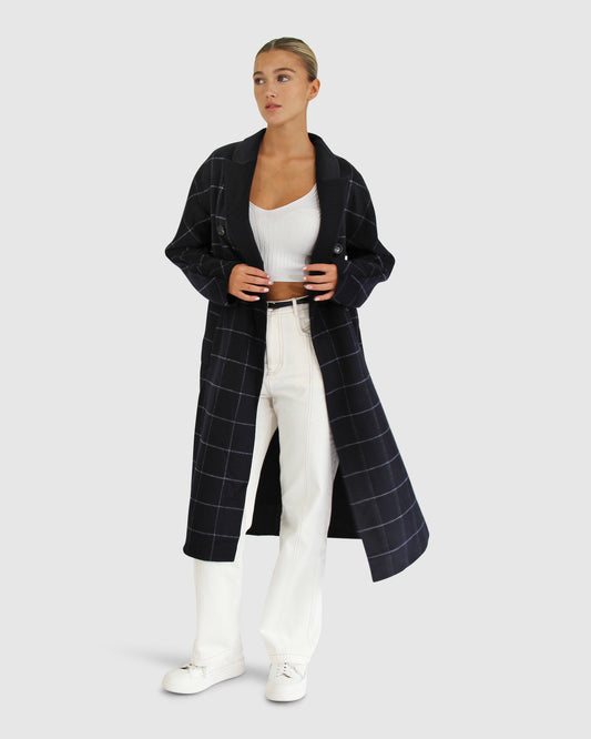 Guestlist Oversized Double Breasted Coat - Navy Plaid