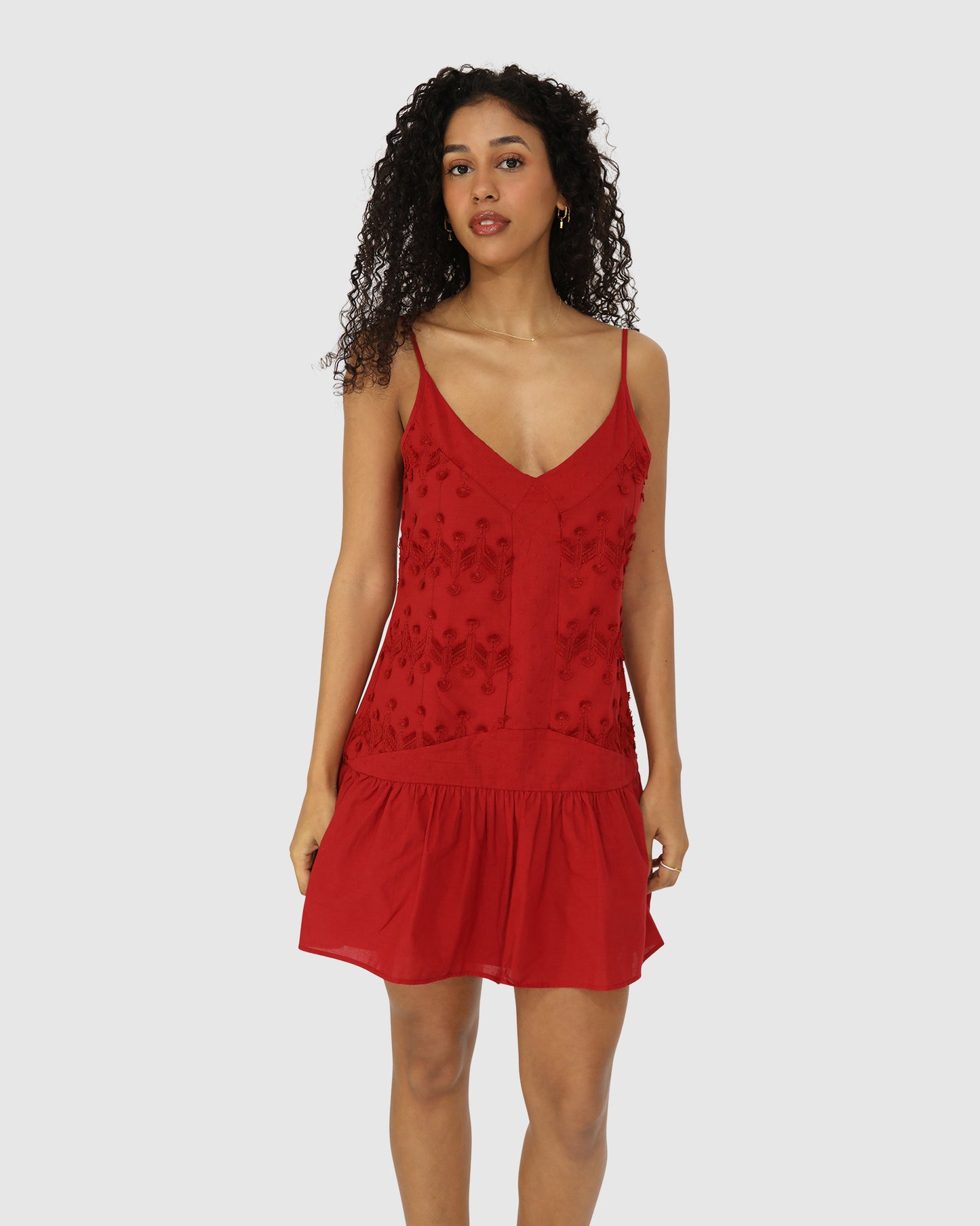 Sunny Afternoon Embroidered Dress - Red