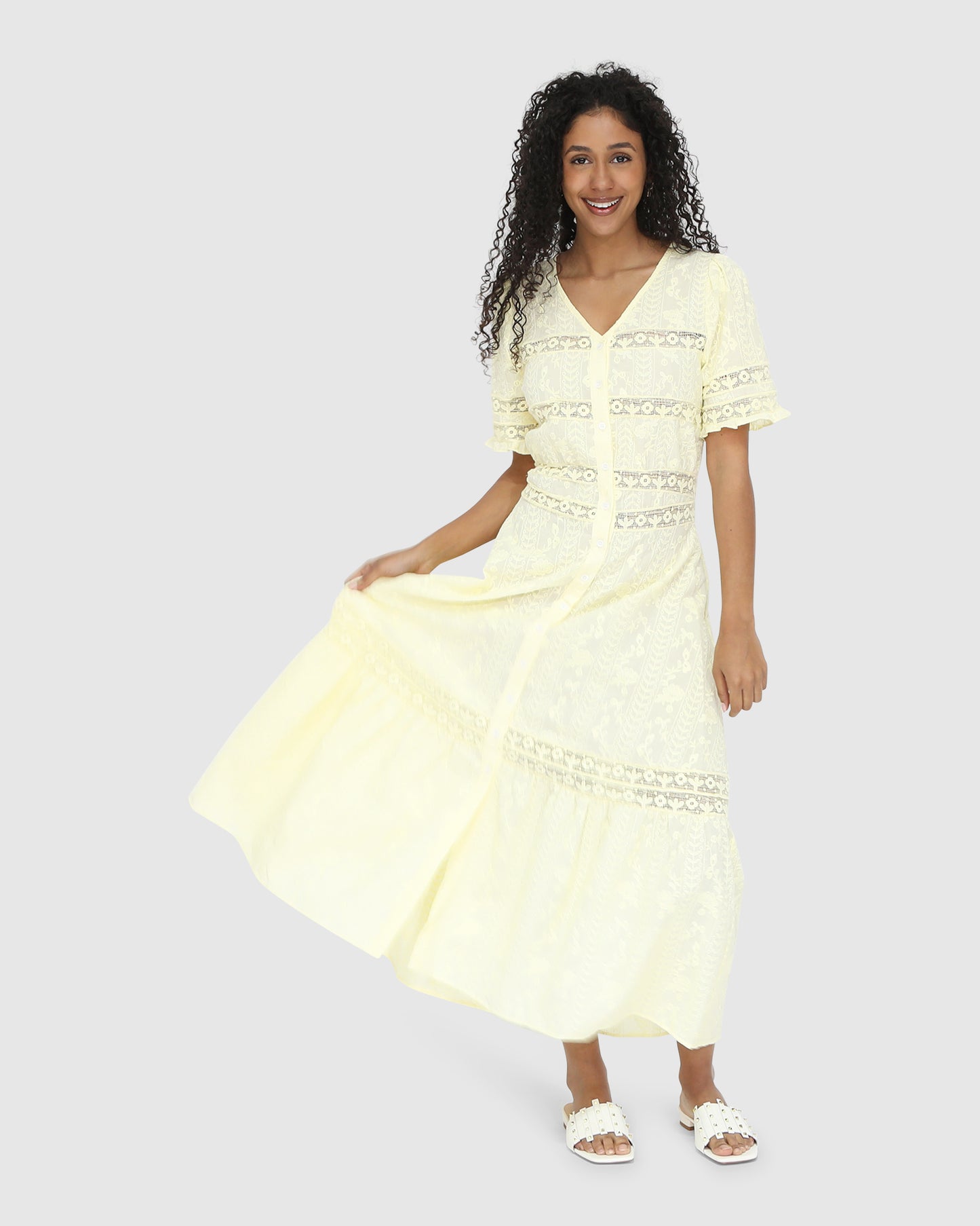 Summer Breeze Lace Midi Dress - Yellow