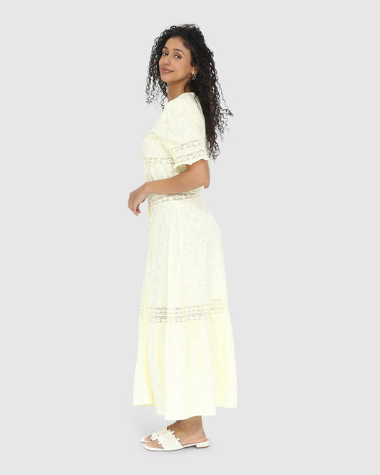 Summer Breeze Lace Midi Dress - Yellow