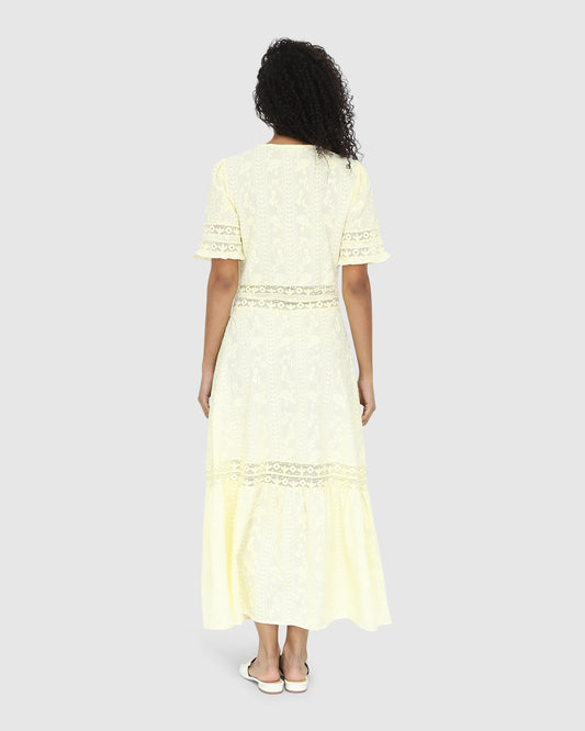 Summer Breeze Lace Midi Dress - Yellow