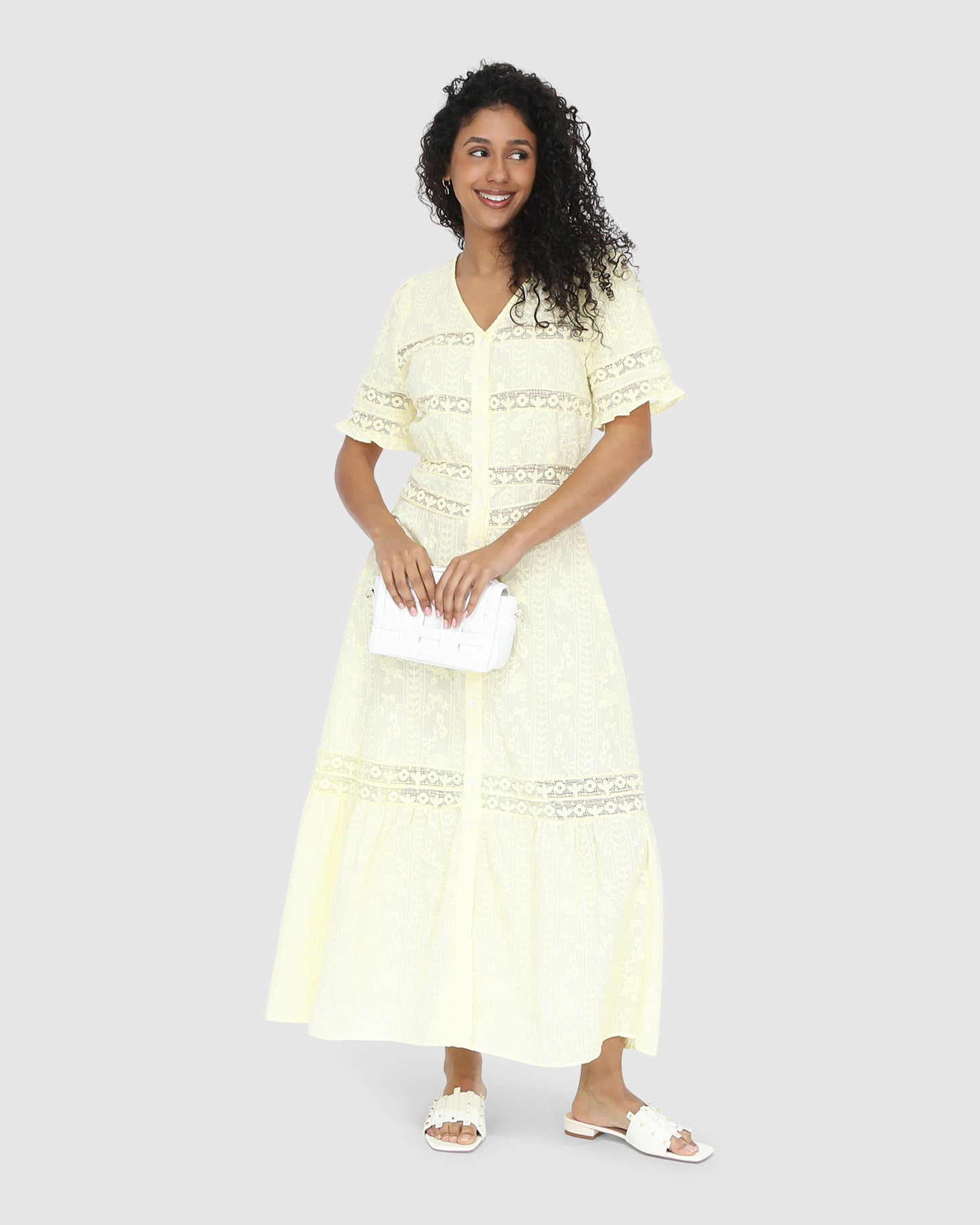 Summer Breeze Lace Midi Dress - Yellow