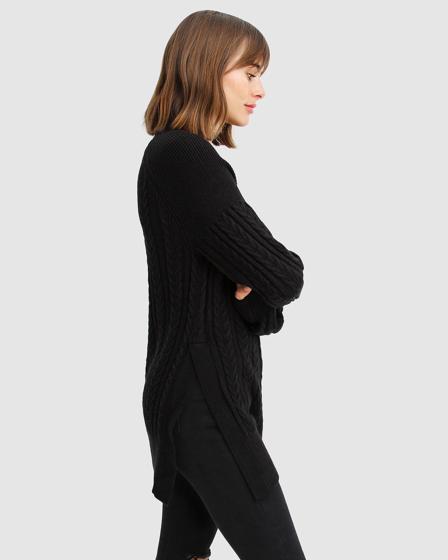 At Last Cable Knit Jumper with Slit - Black